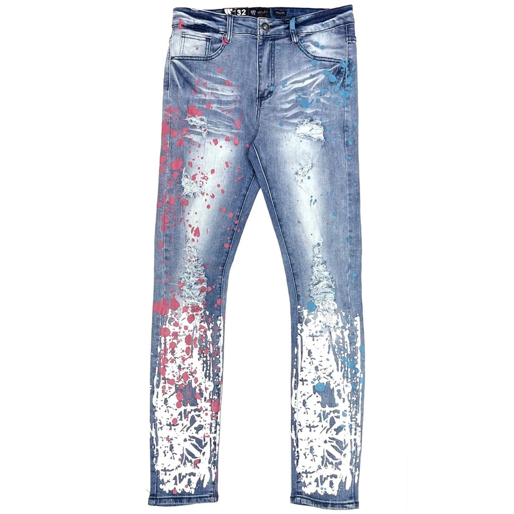 Waimea Men Stylish Splatter Skinny Jeans - Blue and Red